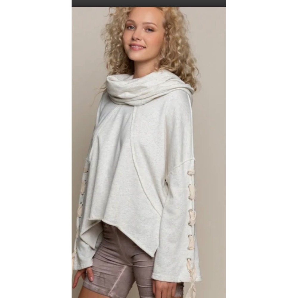 POL Cowl Neck Sweatshirt Hi Low Top Lace Up Sleeves Casual Comfy‎ - Picture 2 of 12